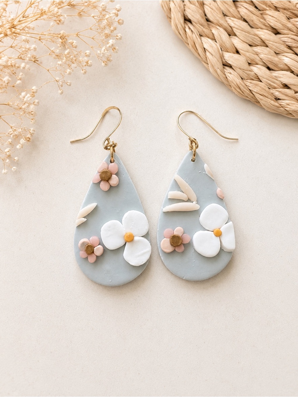 Handcrafted Light Blue Floral Teardrop Earrings